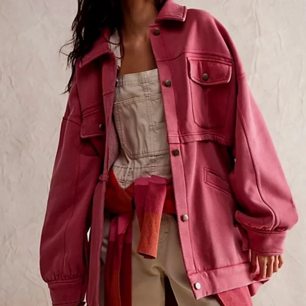 FREE PEOPLE We The Free Dawson Chore Jacket OVERSIZED Pink Painted Roses  XS/S/M